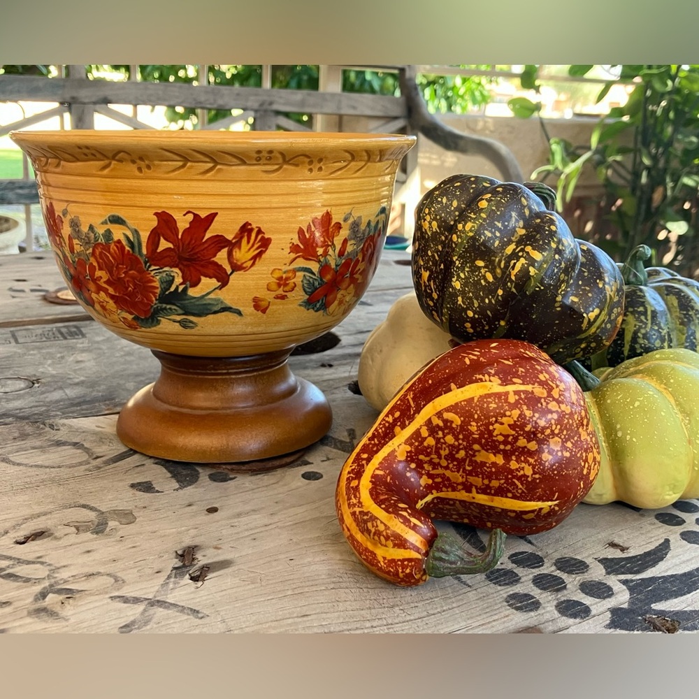 Vintage FTD Footed Bowl Ceramic Wooden Base